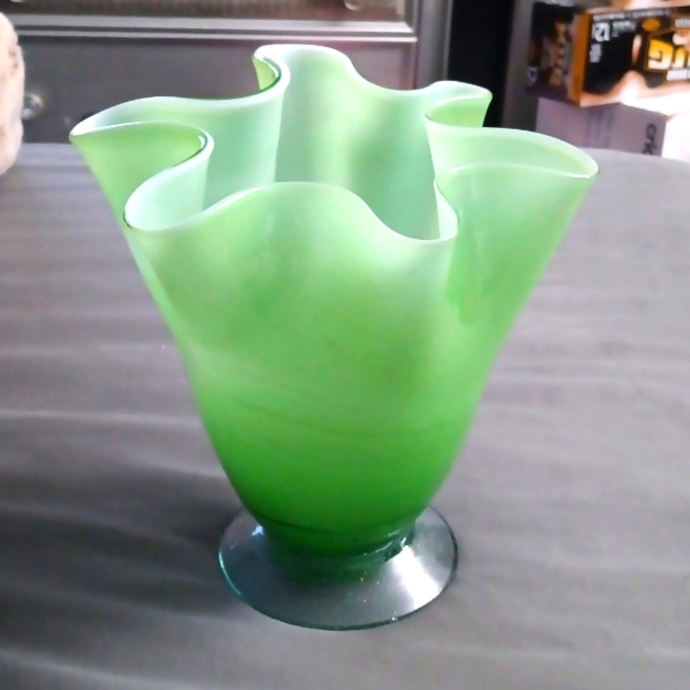 Vintage Green Art Glass Cased Ruffle Rim Vase1950s